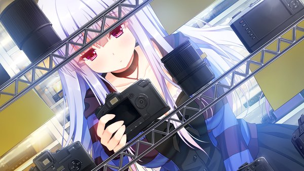 Anime picture 1280x720 with shirogane x spirits! giga kiryuu chikage kino (kino konomi) single long hair blush fringe wide image purple eyes holding game cg cleavage grey hair girl dress black dress camera