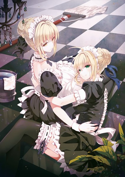 Anime picture 849x1200 with fate (series) fate/grand order fate/stay night fate/extra artoria pendragon (all) saber nero claudius (fate) (all) saber alter nero claudius (fate) rednian tall image short hair blue eyes blonde hair multiple girls yellow eyes maid girl thighhighs dress