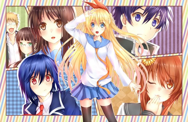 Anime picture 1800x1171 with nisekoi shaft (studio) kirisaki chitoge onodera kosaki tachibana marika tsugumi seishirou miyamoto ruri ichijou raku maiko shuu clock (clockart) long hair blush highres short hair open mouth blue eyes blonde hair brown hair multiple girls brown eyes