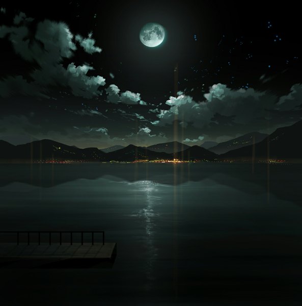 Anime picture 1000x1012 with original goikko tall image sky night night sky reflection horizon mountain no people city lights lake moon star (stars) full moon
