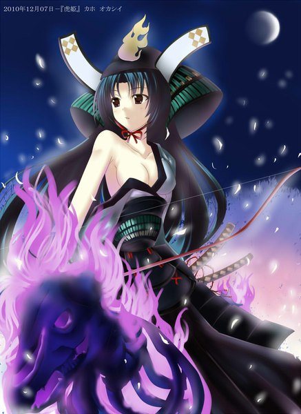 Anime picture 800x1096 with oboro muramasa (game) vanillaware torahime kaho okashii single long hair tall image blush light erotic black hair brown eyes traditional clothes japanese clothes girl weapon sword katana helmet bow (weapon)