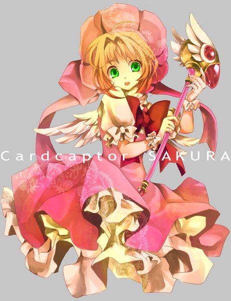 Anime picture 1000x1300 with card captor sakura clamp kinomoto sakura macco (artist) single tall image short hair open mouth simple background blonde hair green eyes grey background girl dress gloves hat wings staff fuuin no tsue