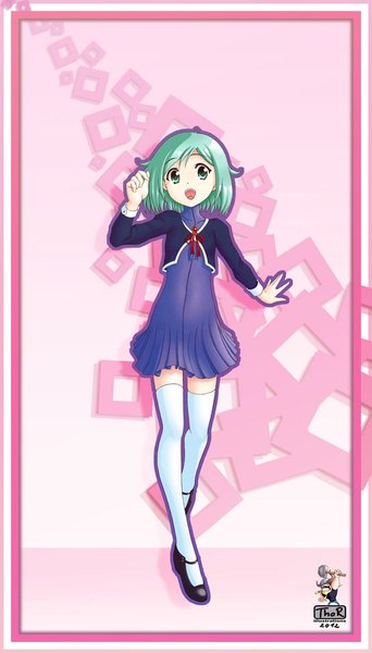 Anime picture 600x1050 with evilflesh (artist) single tall image short hair open mouth smile green eyes green hair girl thighhighs uniform school uniform white thighhighs