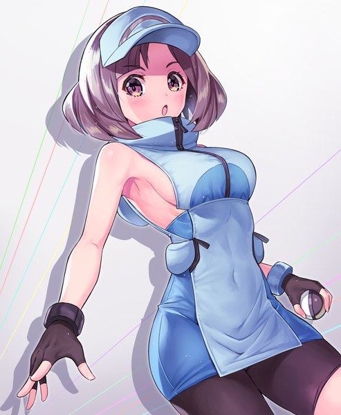 Anime picture 854x1038 with pokemon nintendo ace trainer (pokemon) matanonki single tall image looking at viewer blush short hair open mouth simple background brown hair holding brown eyes grey background :o shadow armpit (armpits) gradient background sideboob