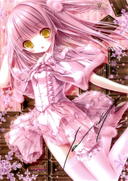 Anime picture 3719x5263 with original tinker bell single long hair tall image looking at viewer blush fringe highres open mouth light erotic signed yellow eyes pink hair absurdres blunt bangs scan :o snowing pale skin