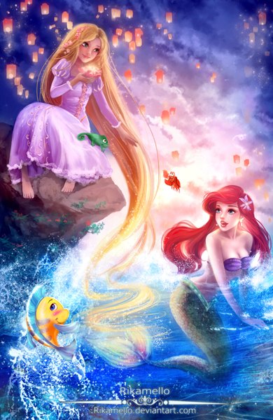 Anime picture 1280x1966 with the little mermaid tangled disney ariel rapunzel flounder (the little mermaid) rikamello long hair tall image blush open mouth blue eyes light erotic blonde hair smile multiple girls green eyes sky cloud (clouds) red hair