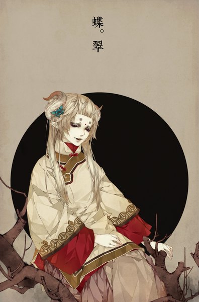 Anime picture 1200x1814 with original xiao gu single long hair tall image open mouth simple background blonde hair brown eyes traditional clothes horn (horns) pointy ears hieroglyph demon hair ornament branch
