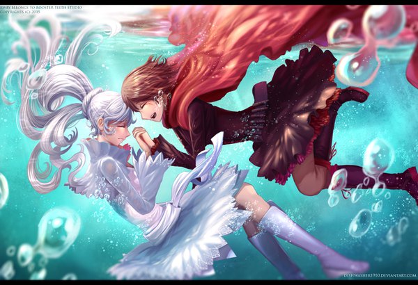 Anime picture 3000x2050 with rwby rooster teeth ruby rose weiss schnee dishwasher1910 long hair highres short hair open mouth brown hair multiple girls bent knee (knees) white hair ponytail eyes closed profile blurry floating hair holding hands happy