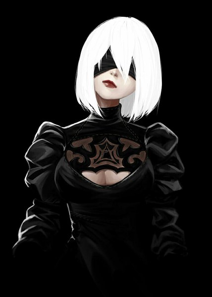 Anime picture 772x1082 with nier nier:automata yorha no. 2 type b hyde (tabakko) single tall image looking at viewer fringe short hair breasts simple background hair between eyes large breasts cleavage upper body white hair head tilt lips puffy sleeves lipstick