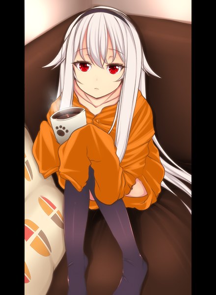 Anime picture 880x1200 with original afilia (kiyomin) kiyomin single long hair tall image looking at viewer fringe red eyes white hair pillarboxed girl thighhighs black thighhighs hairband pillow couch cup