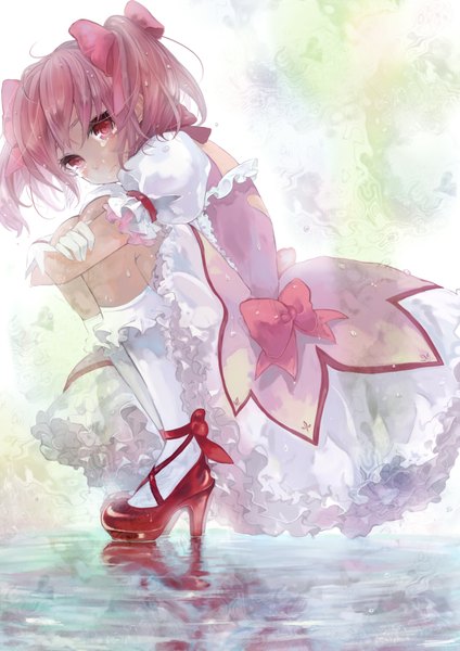Anime picture 1300x1838 with mahou shoujo madoka magica shaft (studio) kaname madoka pisuke single tall image sitting twintails pink hair full body pink eyes wet tears short twintails reflection crying girl dress gloves bow