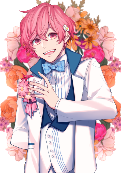 Anime picture 1226x1750 with b-project a-1 pictures ashu yuuta ykrk 10 single tall image looking at viewer fringe short hair hair between eyes pink hair upper body pink eyes hair flower floral background freckles boy flower (flowers) bowtie