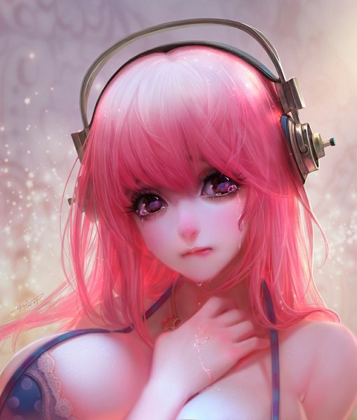 Anime picture 1000x1177 with nitroplus super sonico yu-han single long hair tall image looking at viewer fringe breasts light erotic purple eyes pink hair huge breasts makeup girl choker lingerie bra headphones teardrop