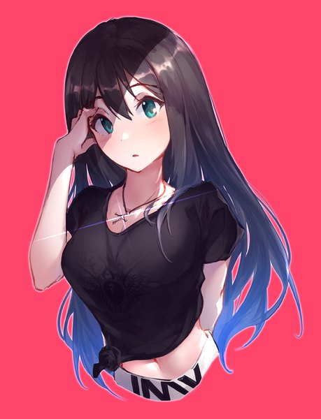 Anime picture 688x900 with idolmaster idolmaster cinderella girls shibuya rin rorona s. single long hair tall image looking at viewer blush fringe breasts black hair simple background hair between eyes blue hair upper body parted lips head tilt multicolored hair aqua eyes