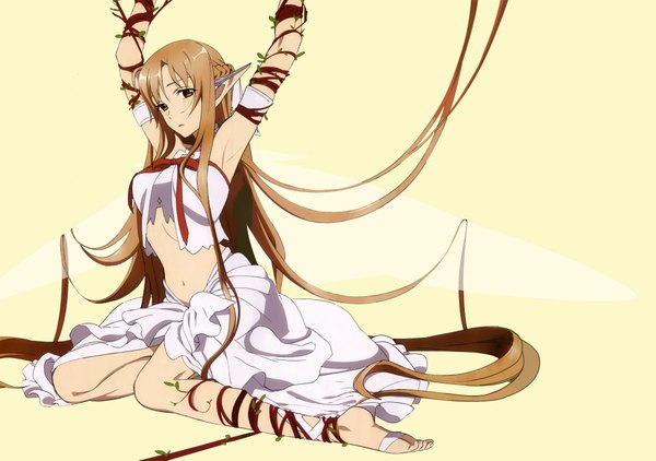 Anime picture 2000x1409 with sword art online a-1 pictures yuuki asuna titania (alo) single long hair highres brown hair brown eyes barefoot pointy ears midriff elf yellow background girl dress navel ribbon (ribbons)