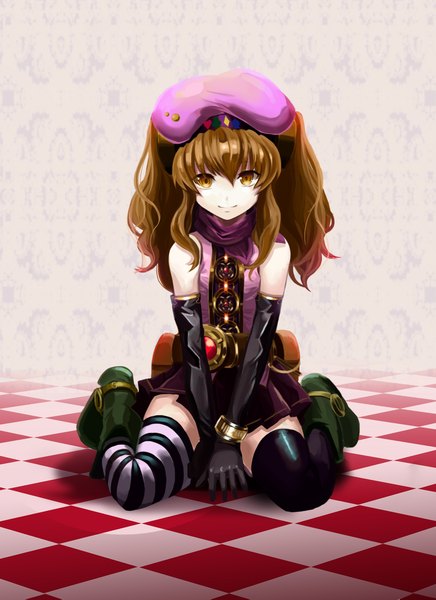 Anime picture 1701x2339 with original rin falcon yutozin single long hair tall image fringe highres brown hair sitting bare shoulders brown eyes checkered floor different thighhighs girl thighhighs gloves black thighhighs black gloves elbow gloves