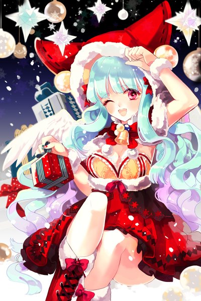 Anime picture 800x1200 with original platina77 long hair tall image blush open mouth blue hair one eye closed pink eyes wink girl dress bow boots bell gift