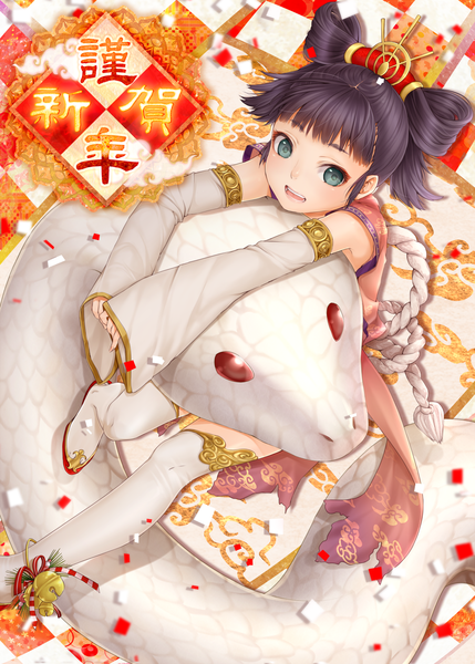 Anime picture 1500x2098 with original masami chie single tall image short hair open mouth blue eyes black hair new year nengajou girl hair ornament detached sleeves animal thigh boots snake confetti reptile white snake