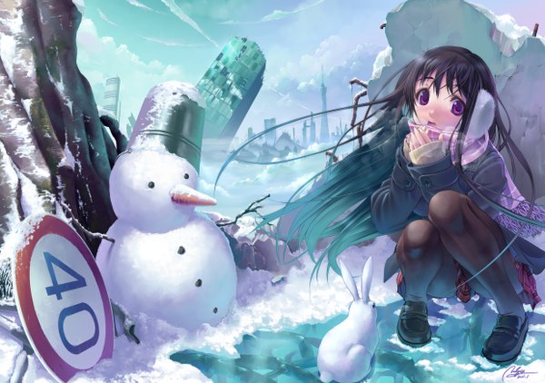 Anime picture 2480x1748 with original yuuzii single long hair blush highres black hair signed pink eyes embarrassed city snowing winter snow squat exhalation destruction girl scarf building (buildings)