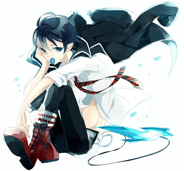 Anime picture 1100x1025 with ao no exorcist a-1 pictures okumura rin chidori (@rom) short hair black hair simple background white background sitting tail aqua eyes pointy ears open clothes open shirt clothes on shoulders twisty sleeves flower in mouth boy navel uniform