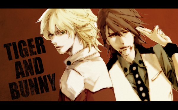 Anime picture 1400x861 with tiger & bunny sunrise (studio) kaburagi t. kotetsu barnaby brooks jr. tachibana looking at viewer short hair simple background blonde hair brown hair wide image brown eyes green eyes one eye closed wink inscription multiple boys boy shirt necktie