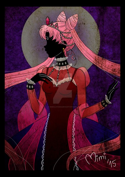 Anime picture 1024x1448 with bishoujo senshi sailor moon toei animation chibiusa black lady mimiclothing single tall image twintails signed pink hair very long hair profile arm up hair bun (hair buns) dark skin hand on chest dark background framed girl dress