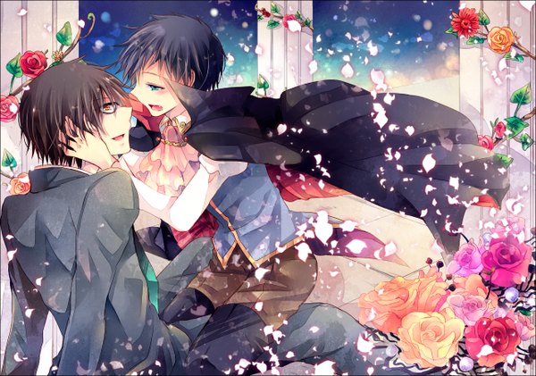 Anime picture 1291x908 with durarara!! brains base (studio) orihara izaya kishitani shinra karumi tani (artist) short hair blue eyes black hair brown hair hand on head shounen ai boy flower (flowers) petals glasses jacket rose (roses) pants cloak neckerchief