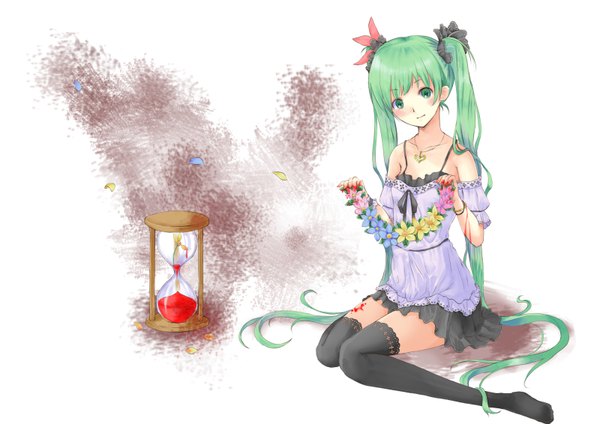 Anime picture 1600x1132 with vocaloid world is mine (vocaloid) hatsune miku ficusmicrocarpa single looking at viewer blush twintails bare shoulders very long hair aqua eyes aqua hair girl thighhighs dress hair ornament flower (flowers) black thighhighs sundress