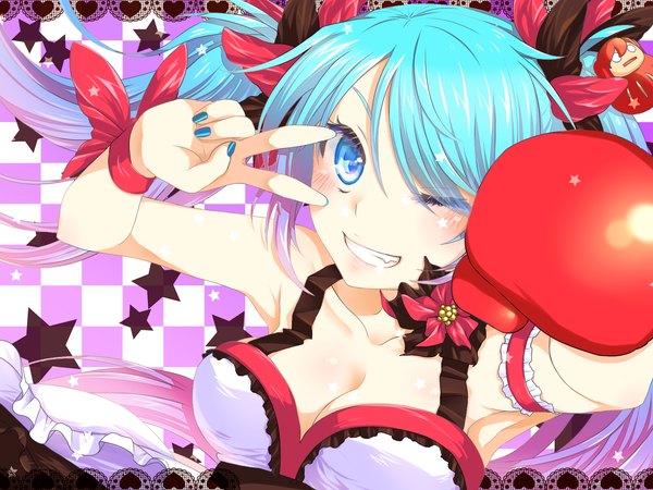 Anime picture 1600x1200 with vocaloid hatsune miku syouji-fascism single blush smile twintails very long hair nail polish one eye closed aqua eyes wink aqua hair victory checkered background girl dress frills heart star (symbol)