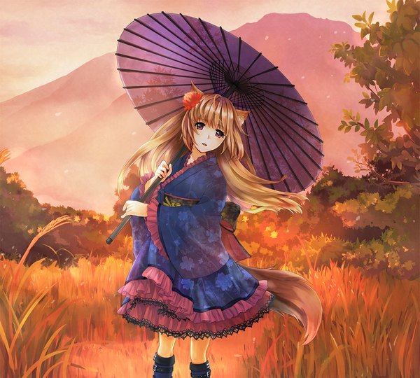 Anime picture 1000x900 with original chaa (ritoporu) single long hair looking at viewer red eyes brown hair animal ears tail traditional clothes japanese clothes animal tail hair flower fox ears fox tail fox girl mountain girl hair ornament flower (flowers)