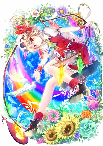 Anime picture 637x900 with touhou flandre scarlet riichu long hair tall image blonde hair red eyes sky cloud (clouds) ponytail traditional clothes side ponytail girl flower (flowers) animal wings frills bird (birds) rose (roses) wrist cuffs