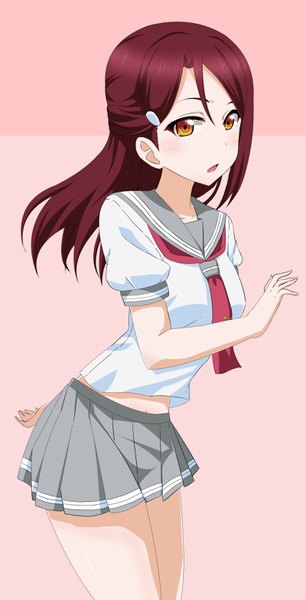Anime picture 1597x3125 with love live! sunshine!! sunrise (studio) love live! sakurauchi riko tarokichi single long hair tall image blush open mouth simple background hair between eyes yellow eyes looking away red hair pleated skirt pink background arm behind back girl skirt