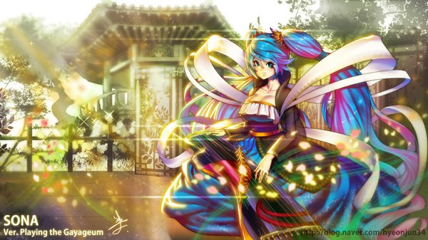 Anime picture 1920x1080 with league of legends sona buvelle suerte single looking at viewer blush highres breasts wide image large breasts twintails blue hair pink hair very long hair aqua eyes wallpaper girl dress plant (plants) tree (trees)