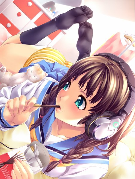 Anime picture 1129x1500 with original nagayori single long hair tall image light erotic brown hair holding green eyes lying braid (braids) lips dutch angle twin braids on stomach eating legs up girl skirt uniform