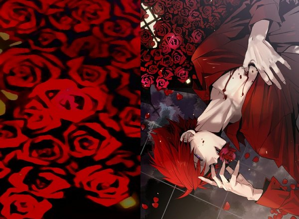 Anime picture 1132x829 with umineko no naku koro ni ushiromiya battler agasang single short hair open mouth purple eyes red hair open clothes open shirt night sky multiview checkered floor partially open clothes boy flower (flowers) shirt petals window rose (roses)