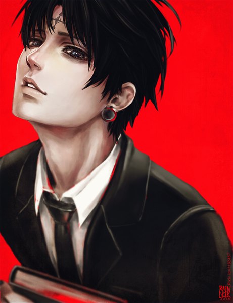 Anime picture 960x1248 with hunter x hunter chrollo lucilfer rainnoir single tall image short hair blue eyes black hair simple background signed upper body parted lips from above blurry inscription text looking down portrait red background english