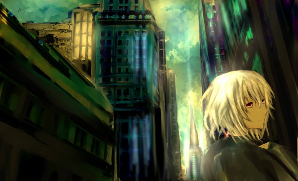 Anime picture 1200x730 with misaka 12003-gou single short hair blonde hair red eyes wide image brown eyes sky cloud (clouds) white hair city cityscape boy building (buildings) tower