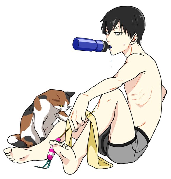 Anime picture 1000x1040 with yowamushi pedal arakita yasutomo natsuko (bluecandy) single tall image looking at viewer fringe short hair light erotic black hair simple background hair between eyes white background sitting full body barefoot black eyes boy underwear panties