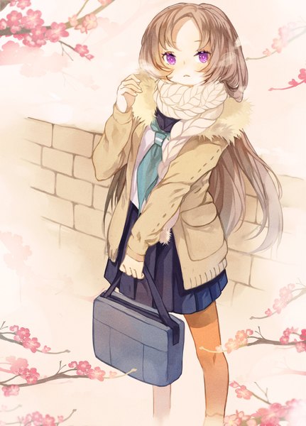 Anime picture 1120x1559 with original koyuiko single long hair tall image looking at viewer blush brown hair purple eyes from above exhalation :< plum blossoms girl uniform flower (flowers) plant (plants) pantyhose tree (trees) serafuku