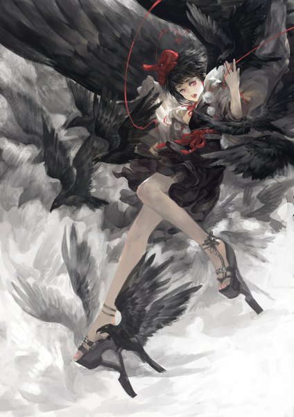 Anime picture 1240x1754 with touhou shameimaru aya alcd tall image short hair open mouth black hair red eyes nail polish black wings mask on head girl dress detached sleeves wings mask thread crow red thread tengu mask