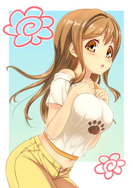 Anime picture 849x1200 with love live! sunshine!! sunrise (studio) love live! kunikida hanamaru shimashima salmon single long hair tall image blush fringe open mouth light erotic simple background brown hair brown eyes off shoulder leaning leaning forward hand on chest looking down