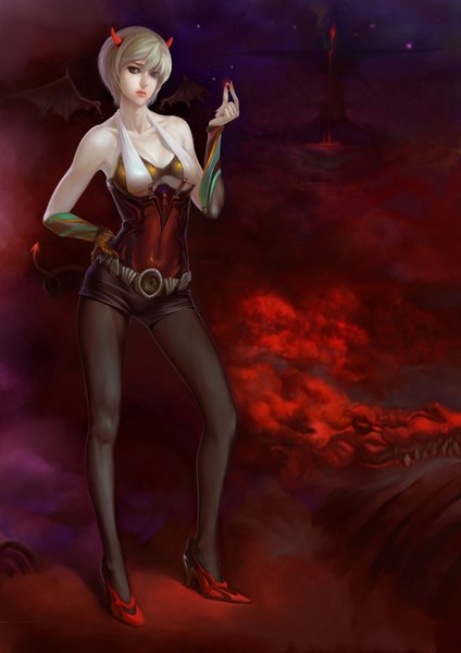 Anime picture 2120x3000 with original specv single tall image looking at viewer highres short hair breasts blue eyes blonde hair standing holding cleavage tail horn (horns) lips hand on hip lipstick dark background demon girl