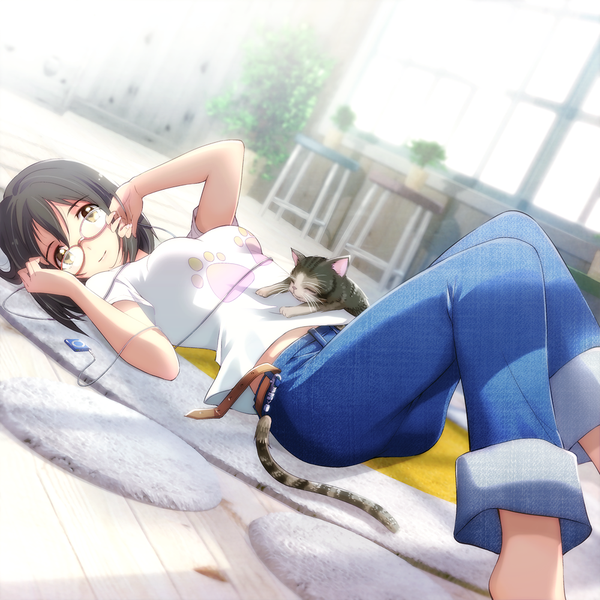 Anime picture 1000x1000 with idolmaster idolmaster cinderella girls ipod kamijou haruna riyo (riyontoko) single looking at viewer short hair black hair yellow eyes lying girl glasses cat jeans