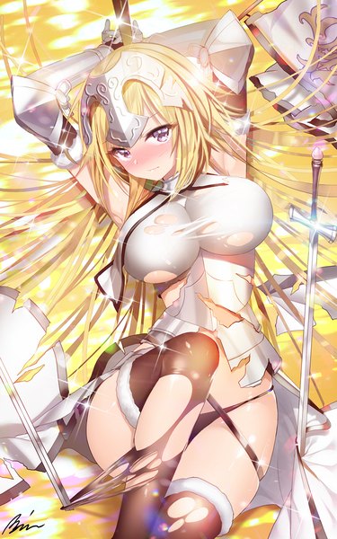 Anime picture 750x1200 with fate (series) fate/apocrypha type-moon jeanne d'arc (fate) (all) jeanne d'arc (fate) aile (crossroads) single long hair tall image looking at viewer fringe breasts light erotic blonde hair large breasts purple eyes signed bent knee (knees) head tilt arms up