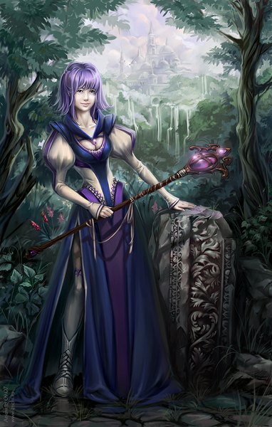 Anime picture 650x1019 with original anna linberger (artist) single tall image looking at viewer short hair smile standing holding purple hair cloud (clouds) waterfall panorama girl thighhighs dress ribbon (ribbons) plant (plants) white thighhighs tree (trees)