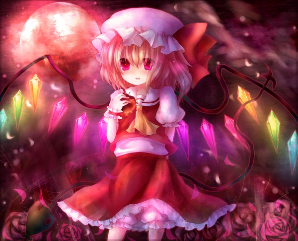 Anime picture 1617x1309 with touhou flandre scarlet maho moco short hair blonde hair pink eyes loli one side up red moon girl dress skirt flower (flowers) weapon wings bonnet skirt set crystal laevatein (touhou)