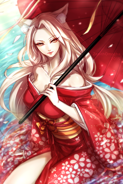Anime picture 700x1050 with original zenithomocha single long hair tall image breasts blonde hair large breasts bare shoulders holding animal ears yellow eyes looking away traditional clothes head tilt japanese clothes lips wide sleeves fox ears floral print