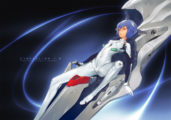 Anime picture 1600x1128 with neon genesis evangelion gainax ayanami rei redjuice single short hair simple background red eyes blue hair lying girl pilot suit
