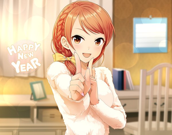 Anime picture 1040x823 with idolmaster idolmaster cinderella girls houjou karen kazu single long hair looking at viewer open mouth smile brown hair brown eyes braid (braids) nail polish :d new year pink nail polish happy new year koi dance girl bow