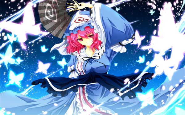 Anime picture 1920x1200 with touhou saigyouji yuyuko nekominase single highres short hair red eyes wide image pink hair japanese clothes girl petals frills insect butterfly obi bonnet fan